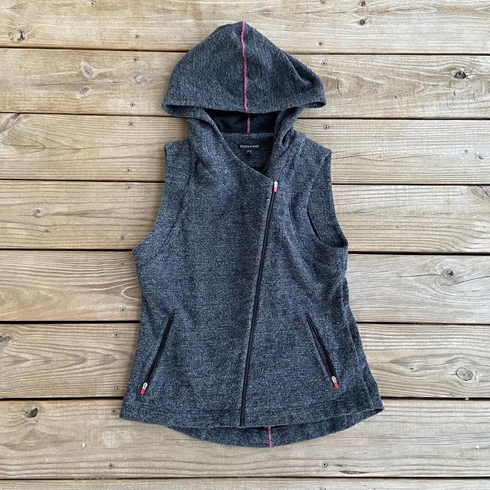 Eileen Fisher Gray Asymmetrical Zip Front Hooded Vest XS